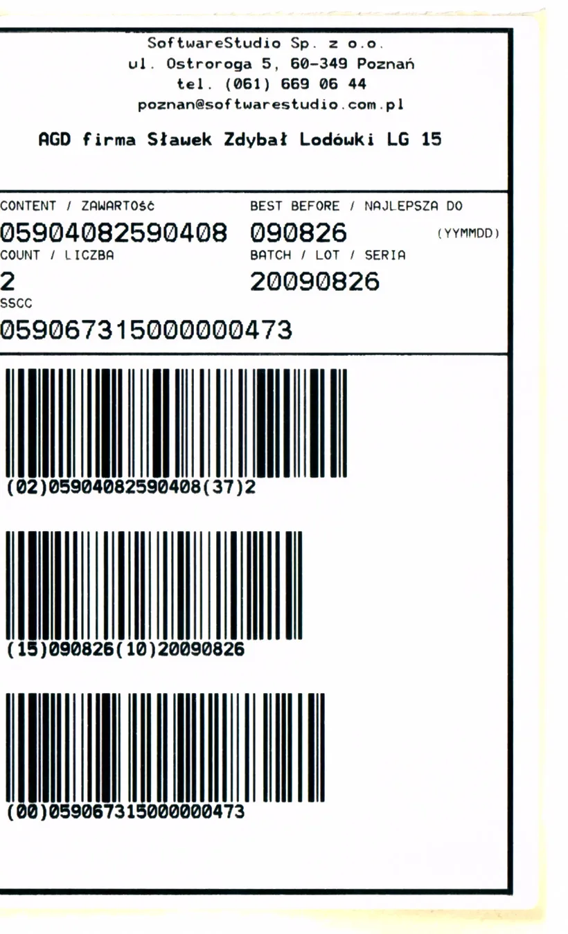 Etykieta logistyczna GS1-128 z kodami kreskowymi zawartości, daty przydatności, numeru partii oraz kodu SSCC.