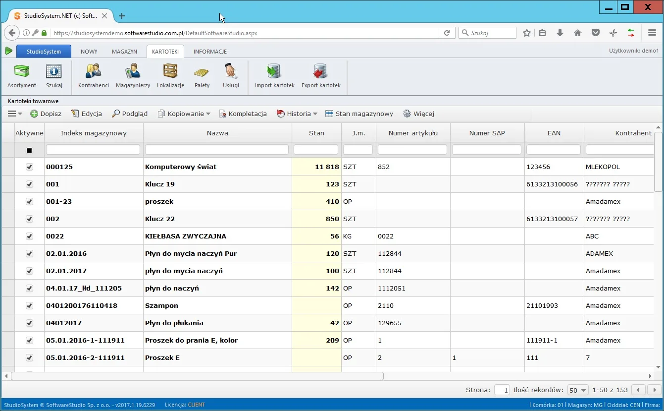 Ekran kartotek towarowych w programie magazynowym Studio WMS.net - lista indeksów, stanów i numerów SAP