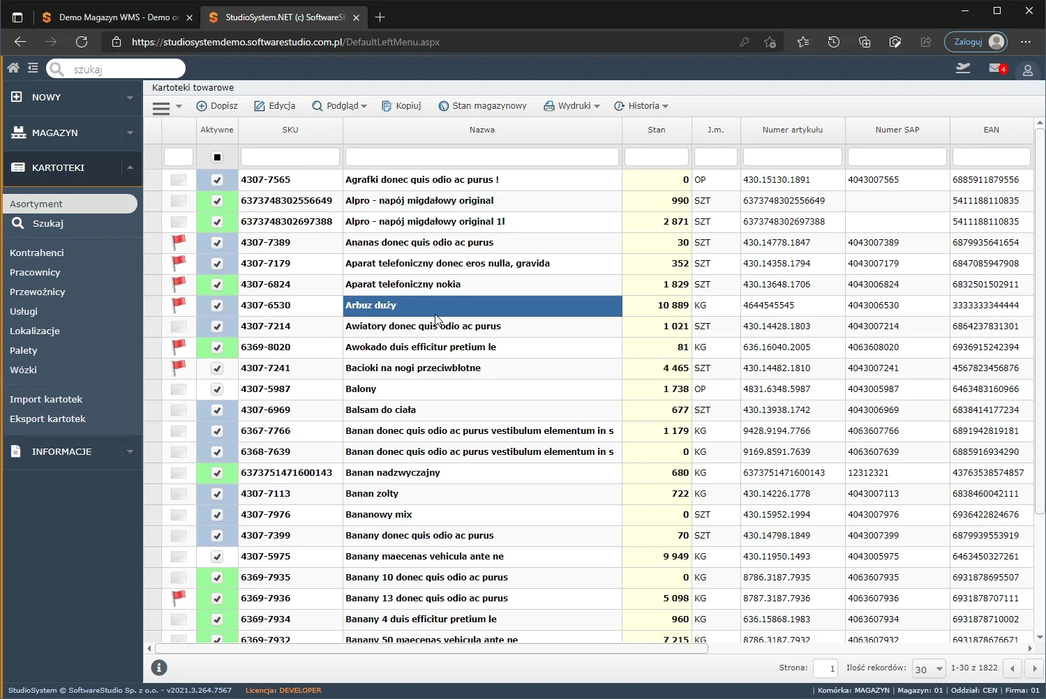 Lista kartotek towarowych w systemie Studio WMS.net z numerami SKU, stanami i kodami EAN