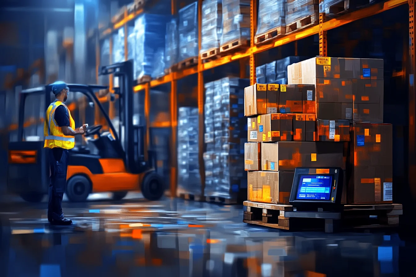 Pracownik na wózku widłowym obok palety kartonów z zamontowanym terminalem danych systemu ERP